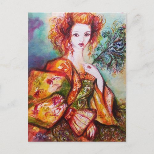 ROMANTIC LADY WITH SPARKLING PEACOCK FEATHER POSTCARD