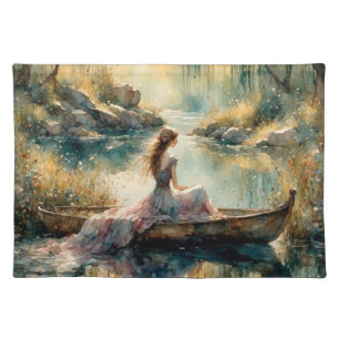 Romantic Lake Girl in Wooden Boat Cloth Placemat