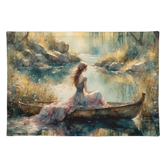 Romantic Lake Girl in Wooden Boat  Cloth Placemat (Front)