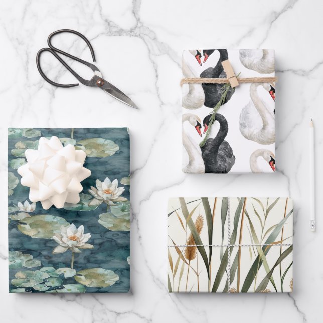 Romantic Lake Swans Bridal Shower Wrapping Paper Sheets (Front)