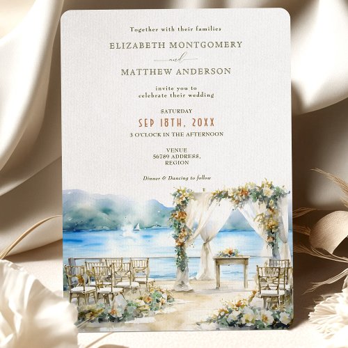 Romantic Lakefront Wedding Ceremony Watercolor Invitation
