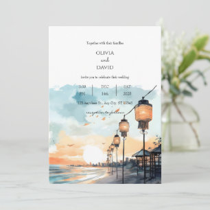 Romantic Lanterns Sunset Glow Beachscape Wedding Invitation