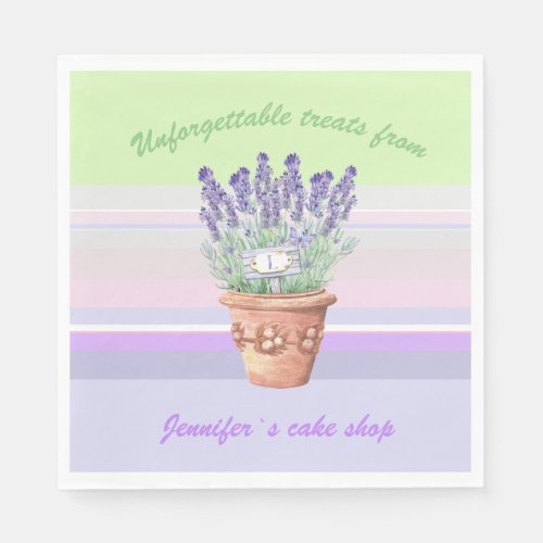 Romantic lavender and name on striped pastel bg napkins