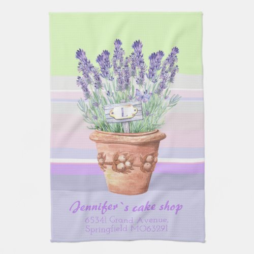 Romantic lavender and name on striped pastel bg st kitchen towel