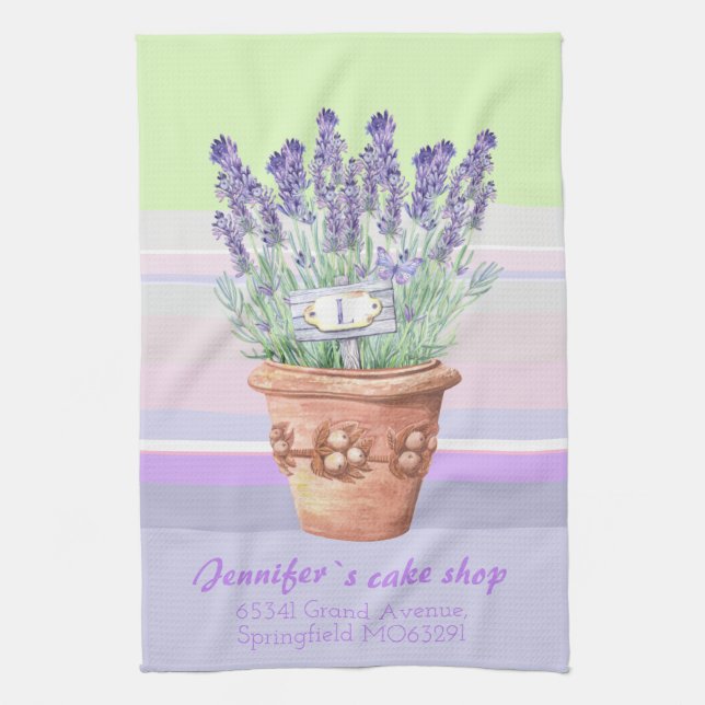 Romantic lavender and name on striped pastel bg st kitchen towel (Vertical)