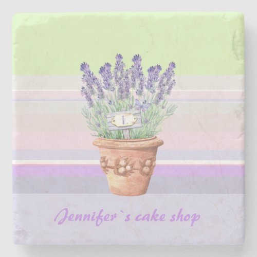 Romantic lavender and name on striped pastel bg stone coaster