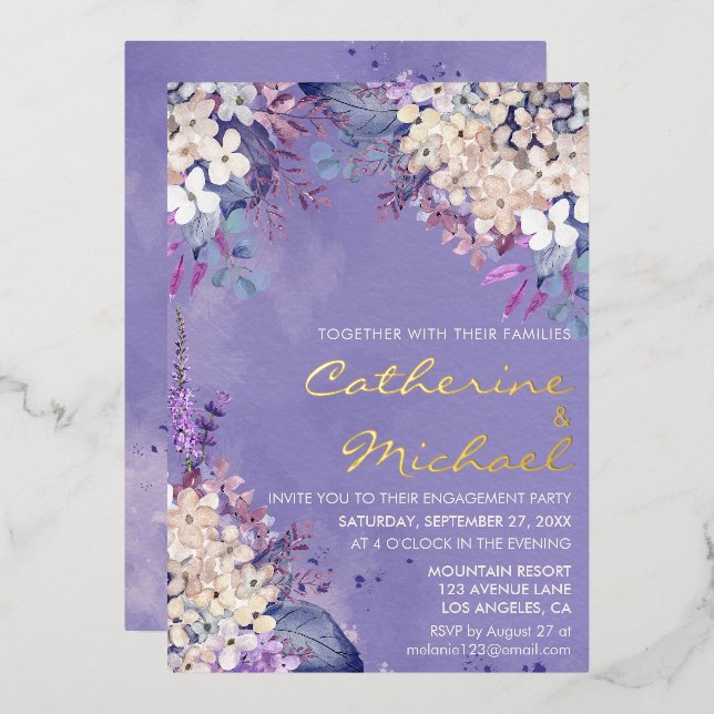 Romantic Lavender Floral Spring Engagement Party Foil Invitation (Front/Back)