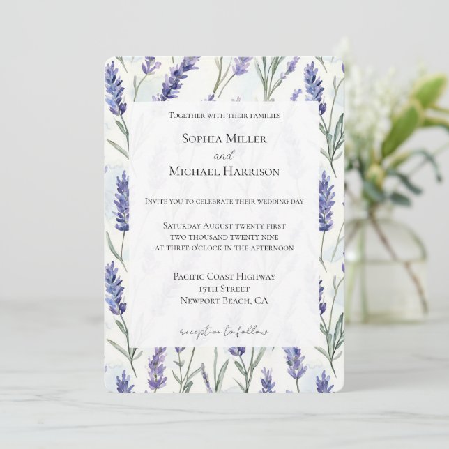 Romantic Lavender Floral Wedding Invitation (Standing Front)