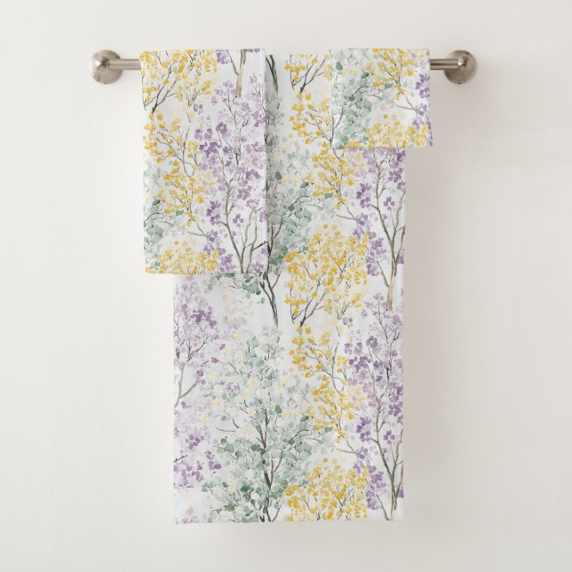 Romantic Lavender Green Yellow Flowers Bath Towel Set (Insitu)