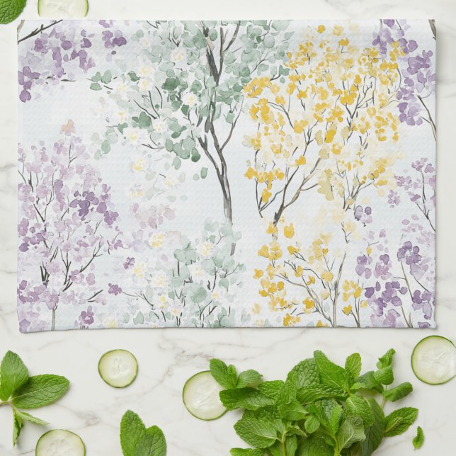 Romantic Lavender Green Yellow Flowers Kitchen Towel (Folded)