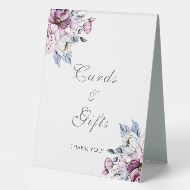 Romantic Lavender & Powder Blue Floral Blossom Table Tent (Front)