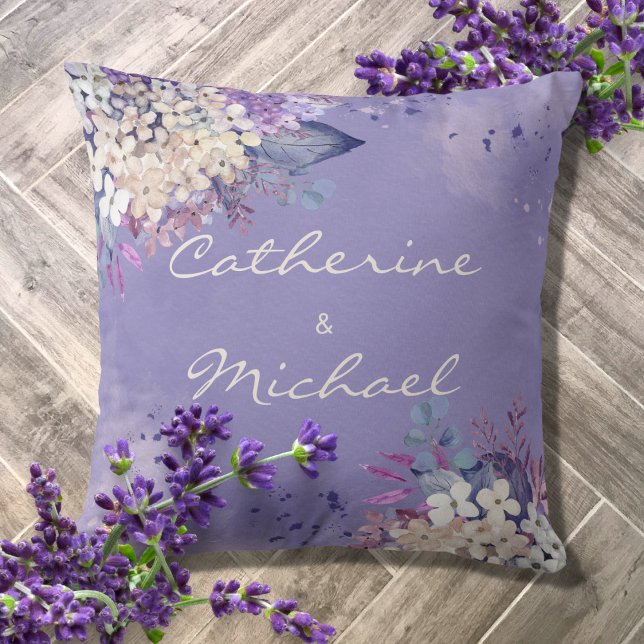 Romantic Lavender Watercolor Floral Spring Wedding Throw Pillow (Creator Uploaded)
