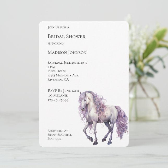 Romantic Lavender White Horse Bridal Shower Invitation (Standing Front)