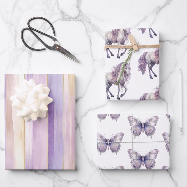 Romantic Lavender White Horse Stripes Birthday Wrapping Paper Sheets (Front)