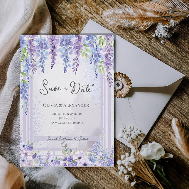 Romantic Lavender Wisteria Save the Date Announcement (Romantic Lavender Wisteria Save the Date Card | Purple Floral Garden Wedding Announcement)
