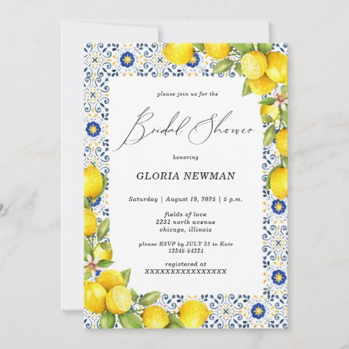 Romantic Lemons and blue Tiles Bridal Shower Invitation