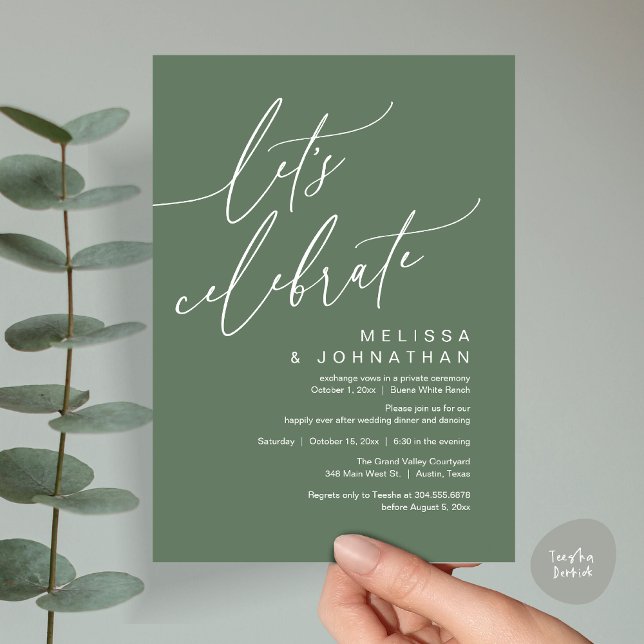 Romantic Let's Celebrate Wedding Elopement Party Invitation (Let's Celebrate, Romantic Charm Wedding Elopement Dinner Party Brunch Invites Card PDF Sage Green)
