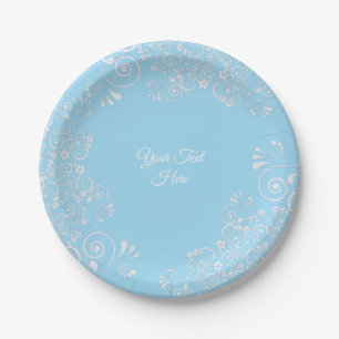 Romantic Light Blue and White Flourishes Custom Paper Plates