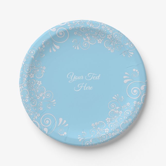 Romantic Light Blue and White Flourishes Custom  Paper Plates (Front)