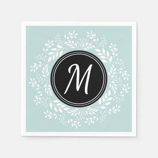 Romantic light blue Floral Wreath Custom Monogram Paper Napkins (Front)