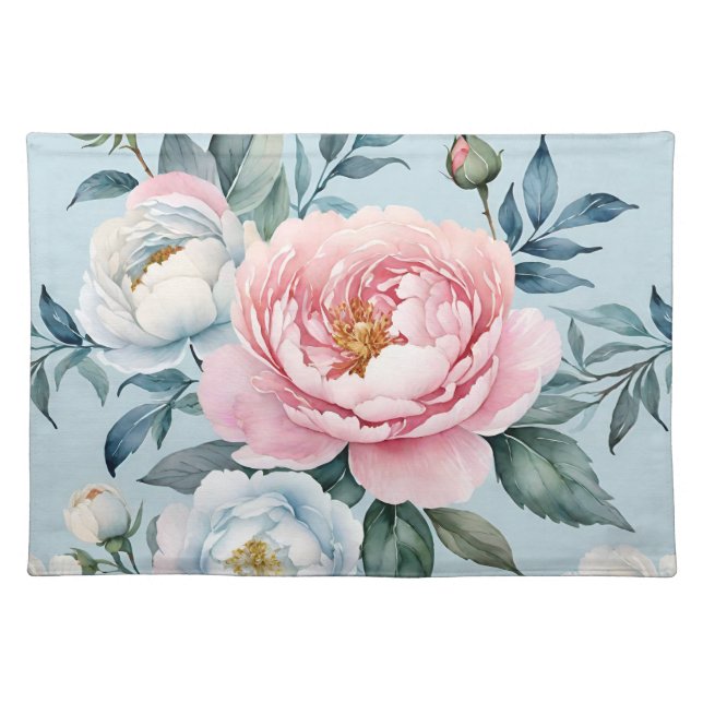 Romantic Light Blue Pink Peony Floral  Cloth Placemat (Front)