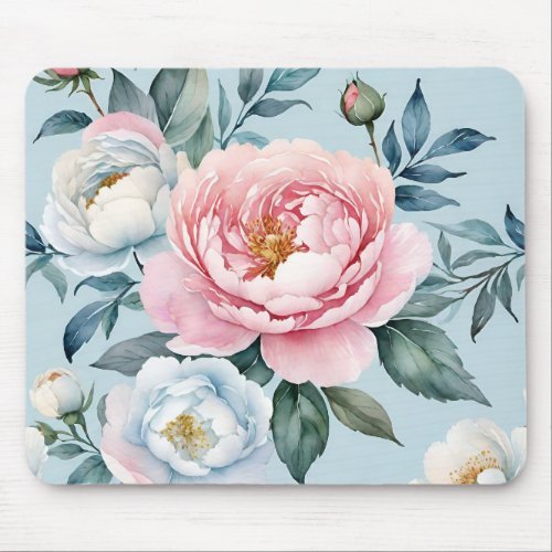 Romantic Light Blue Pink Peony Floral  Mouse Pad