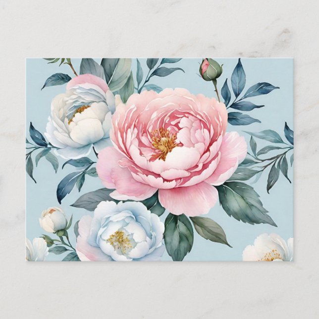 Romantic Light Blue Pink Peony Floral  Postcard (Front)