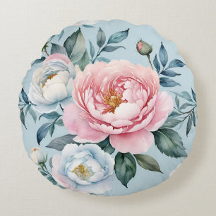Romantic Light Blue Pink Peony Floral  Round Pillow