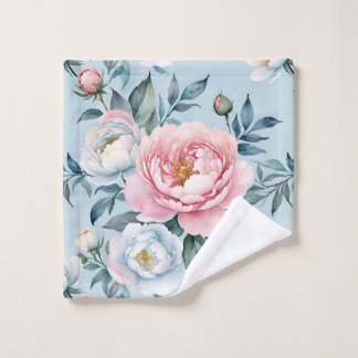 Romantic Light Blue Pink Peony Floral Wash Cloth