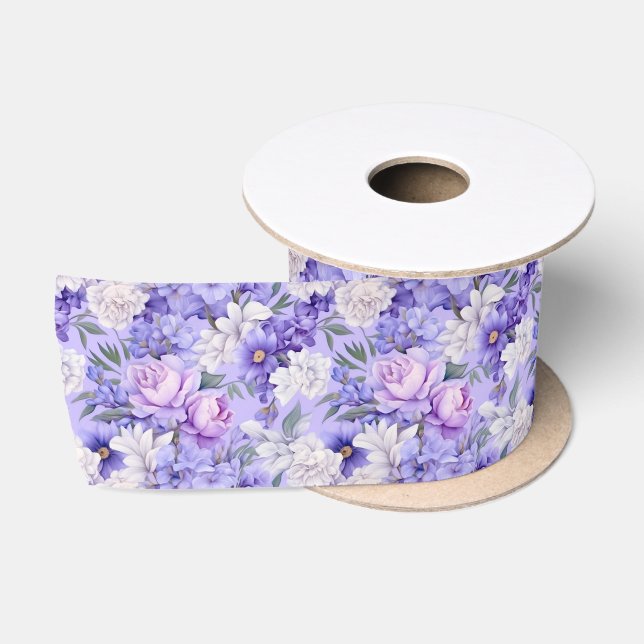 Romantic light purple flowers satin ribbon (Spool)