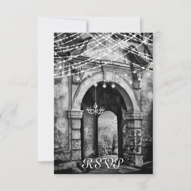 Romantic Lights and Gothic Archway Wedding RSVP Card (Front)