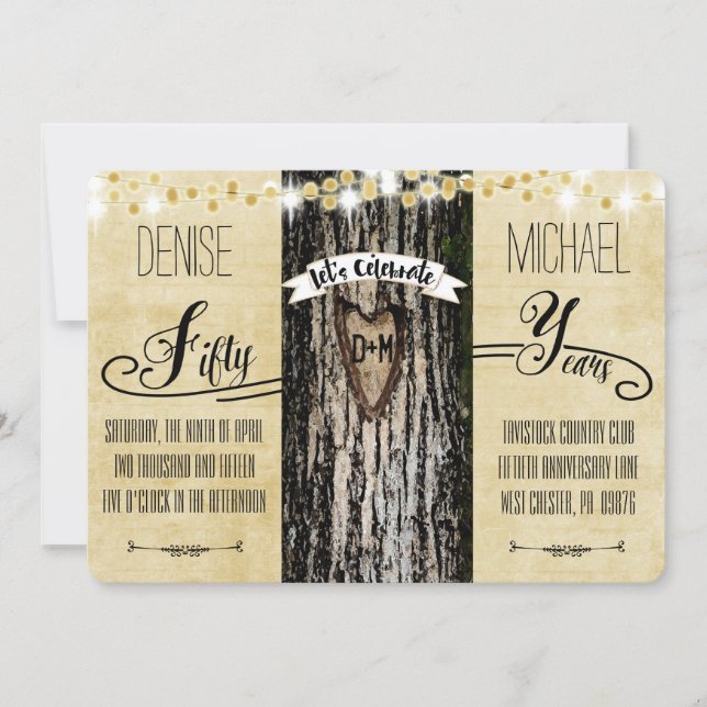 Romantic Lights & Rustic Tree 50th Anniversary Invitation (Front)