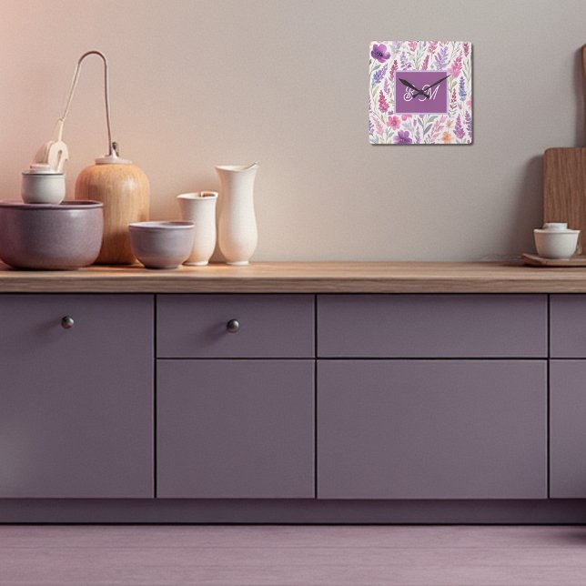 Romantic lila pink Pastel Botanical Spring Meadow Square Wall Clock (Creator Uploaded)