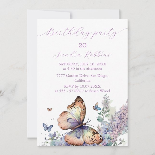 Romantic lilac and butterfly Birthday Invitation (Front)