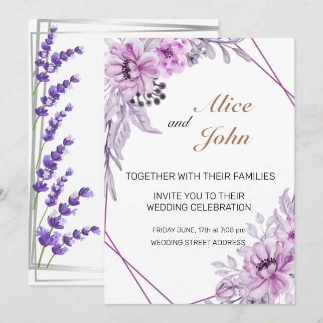  Romantic Lilac and  Purple Lavender Wedding Invitation (Front/Back)