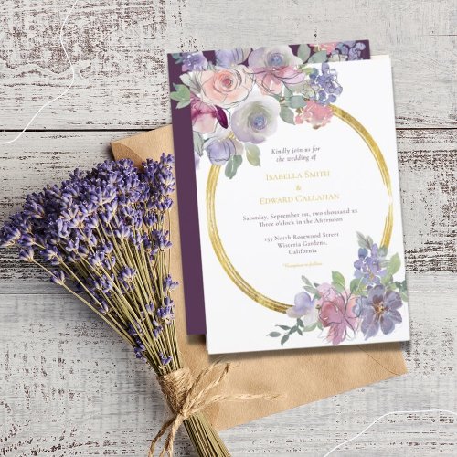 Romantic Lilac  Blush Rose Floral Wedding  Invitation