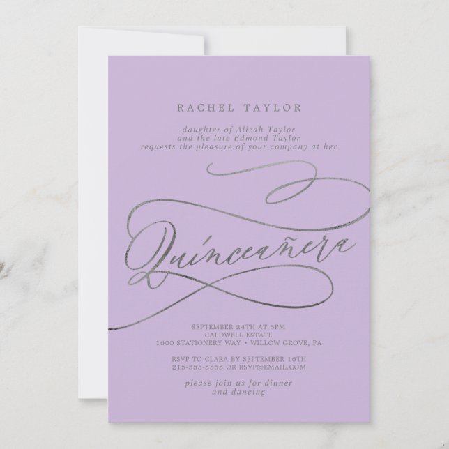 Romantic Lilac Calligraphy Quinceañera Invitation (Front)