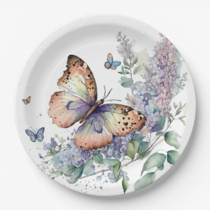 Romantic lilac flowers and butterfly paper plates