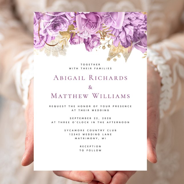 Romantic Lilac Gold Floral Wedding Invitation (Creator Uploaded)