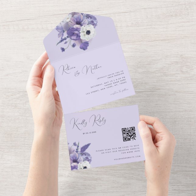 Romantic Lilac Lavender Floral Qr Code Wedding  All In One Invitation (Tearaway)