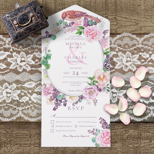 Romantic Lilac  Pink Floral Oval Frame Dinner All In One Invitation