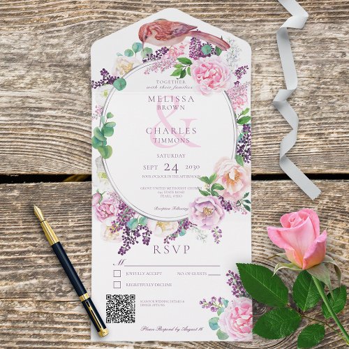 Romantic Lilac  Pink Floral Oval Frame QR Code All In One Invitation