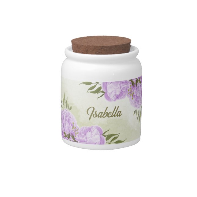 romantic lilac purple flowers greenery wedding candy jar (Front)
