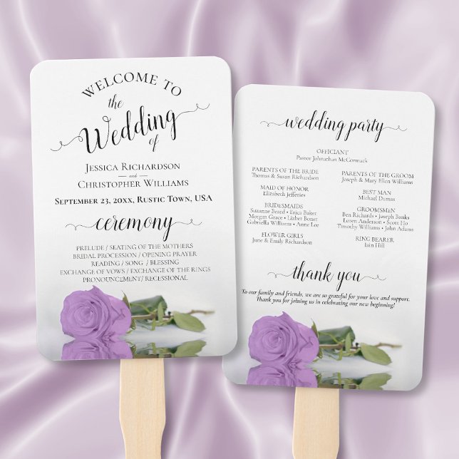 Romantic Lilac Purple Rose Elegant Wedding Program Hand Fan (Front/Back)