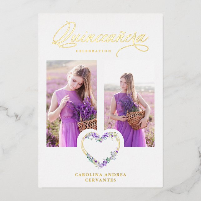 Romantic Lilac Shades Real Gold Floral Heart Photo Foil Invitation (Front)
