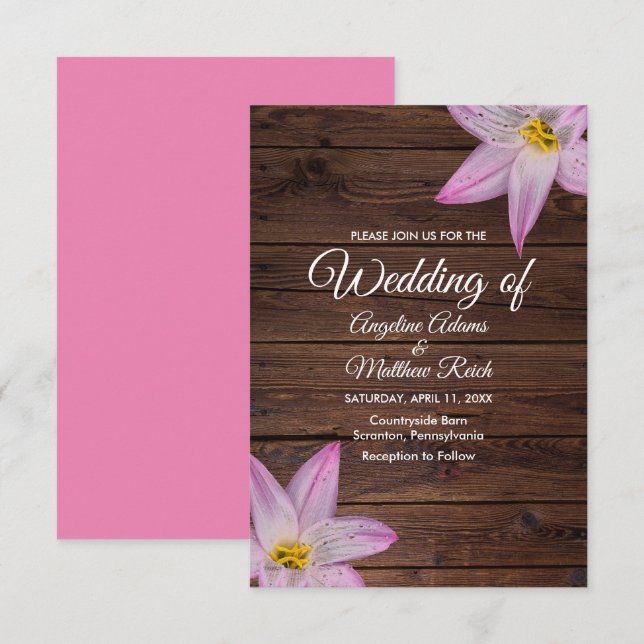 Romantic Lilly Flowers Wooden Formal Wedding Invitation (Front/Back)