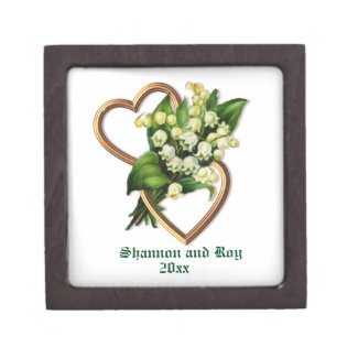 Romantic Lily of the Valley and two Gold Hearts Jewelry Box