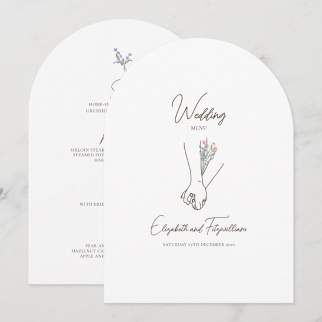 Romantic Line Art Couple Holding Hands Flower Menu Invitation (Front/Back)