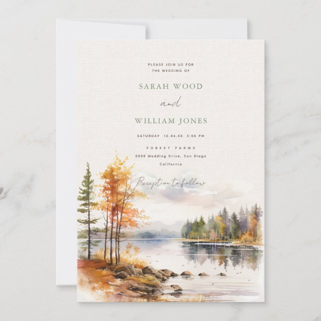 Romantic linen fall lake Wedding Invitation (Front)