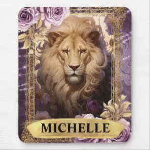 Romantic Lion and Purple Roses Fantasy Mouse Pad